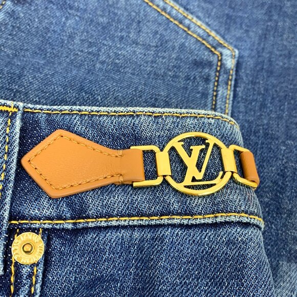 IW0253 Louis Vuitton Dark Blue Logo Leather Buckle Cotton Casual Denim Shorts Si - Picture 5 of 9